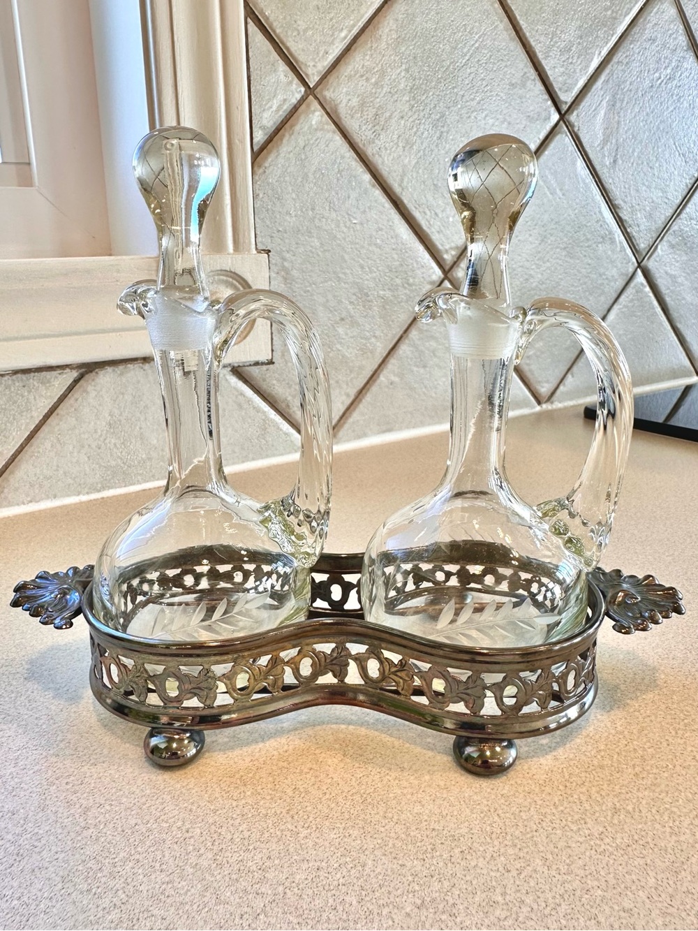 Antique Hand Blown Etched Glass Double Cruet Set Silverplate Victorian Edwardian